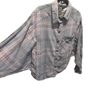 Free People Plaid Button Down Crop Bat Winged Shirt Size L